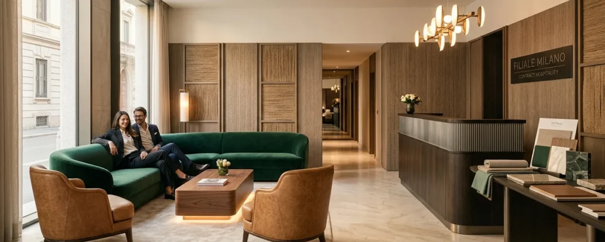 Lobby di un boutique hotel a Milano con zona lounge di design e finiture in marmo.