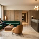 Lobby di un boutique hotel a Milano con zona lounge di design e finiture in marmo.