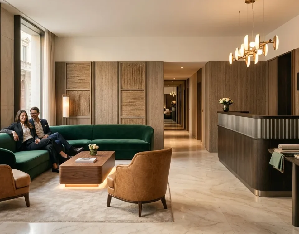 Lobby di un boutique hotel a Milano con zona lounge di design e finiture in marmo.