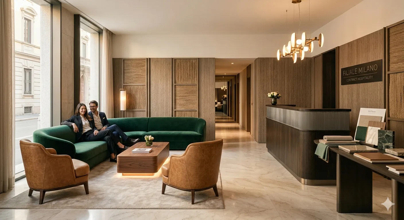 Lobby di un boutique hotel a Milano con zona lounge di design e finiture in marmo.