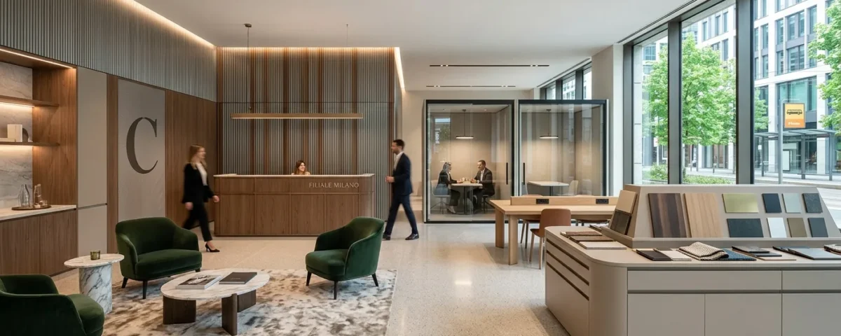 Esempio di progetto arredo contract per una hall moderna con finiture di pregio.