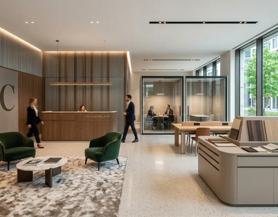 Esempio di progetto arredo contract per una hall moderna con finiture di pregio.