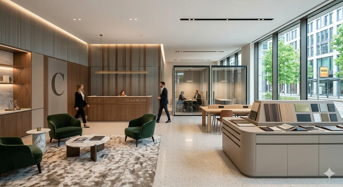 Esempio di progetto arredo contract per una hall moderna con finiture di pregio.