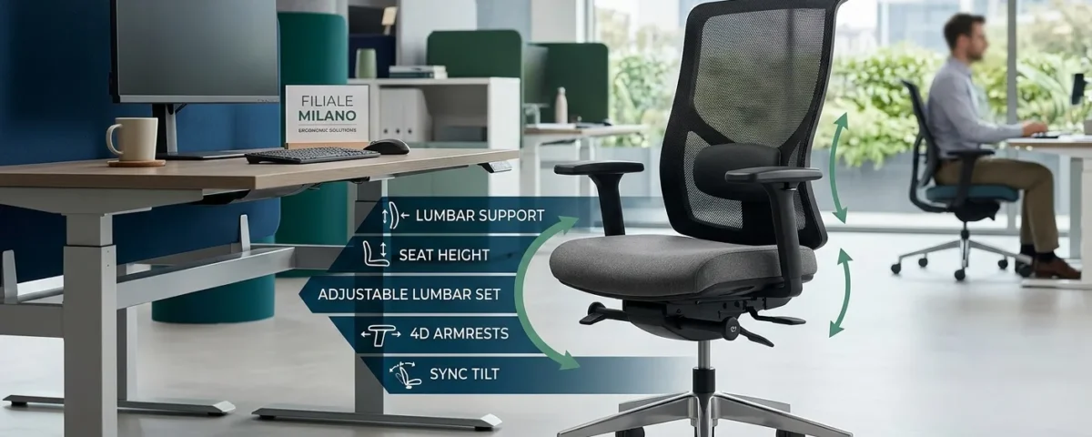 Dettaglio di una sedia ergonomica professionale con supporto lombare in evidenza.