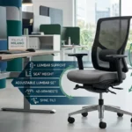 Dettaglio di una sedia ergonomica professionale con supporto lombare in evidenza.