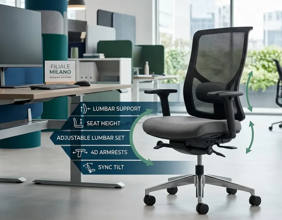 Dettaglio di una sedia ergonomica professionale con supporto lombare in evidenza.