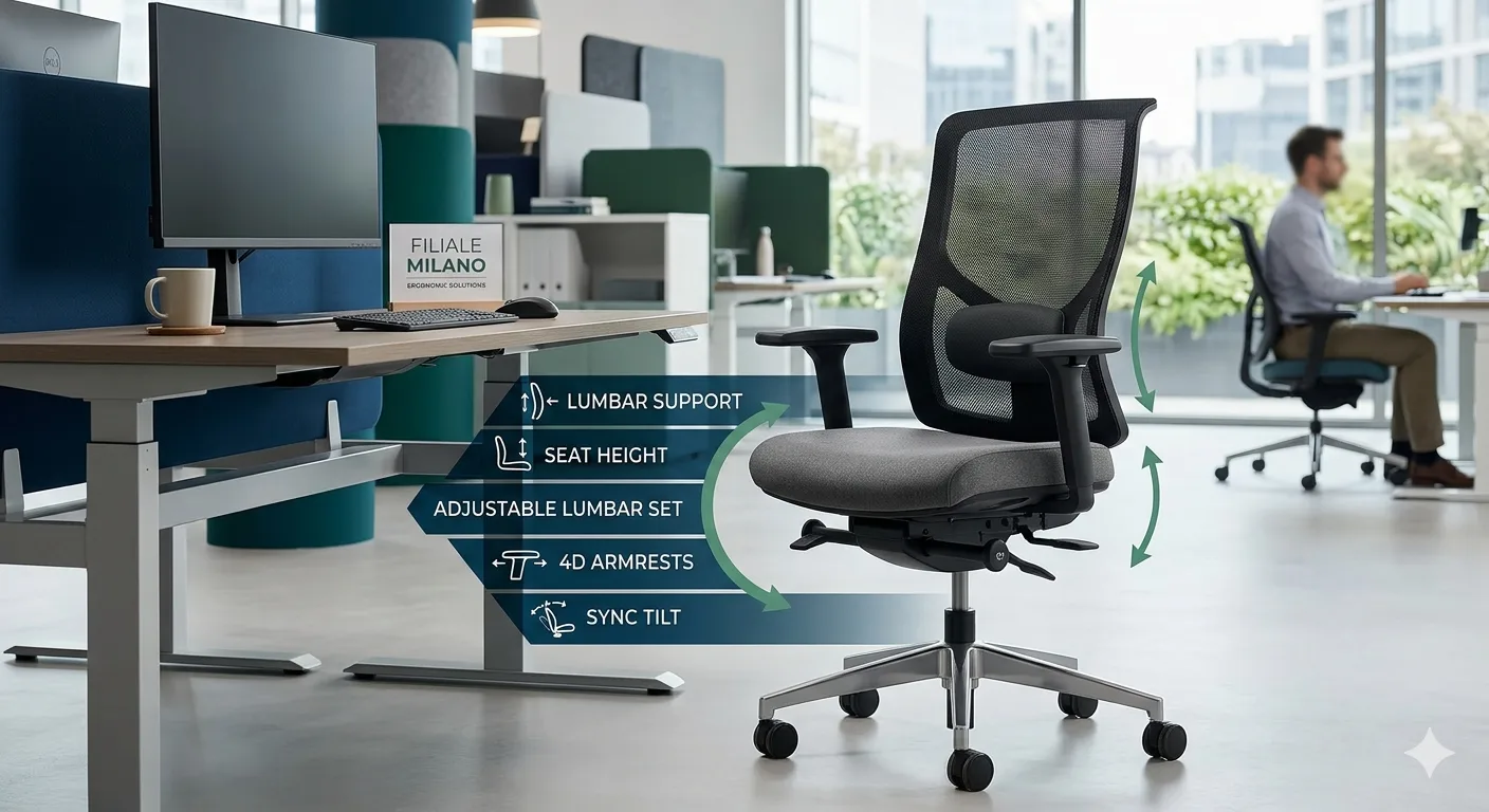 Dettaglio di una sedia ergonomica professionale con supporto lombare in evidenza.