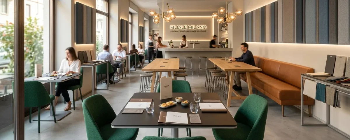 Interno di un ristorante moderno con tavoli in HPL e sedie contract di design.