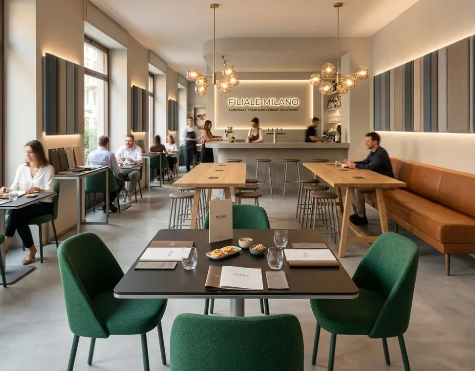 Interno di un ristorante moderno con tavoli in HPL e sedie contract di design.